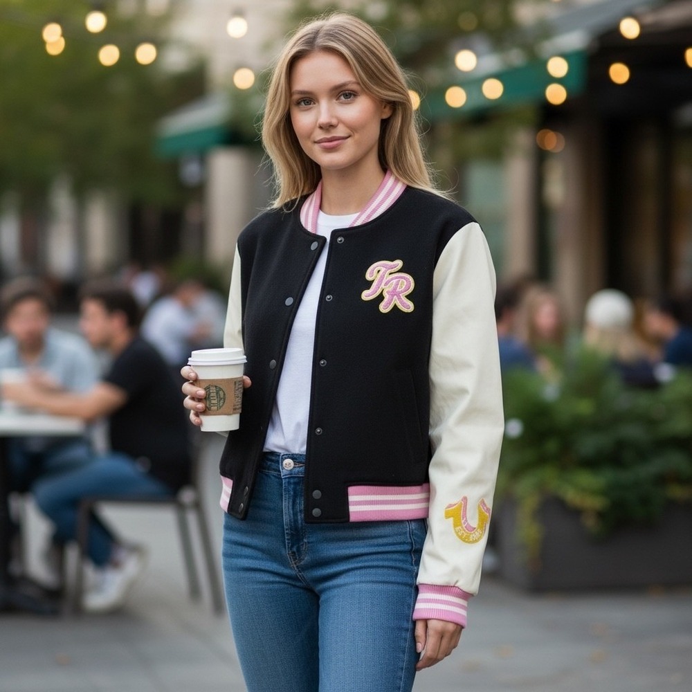 True Religion Women Varsity Jacket Size M Black White TR Script Wool NWT $239.00